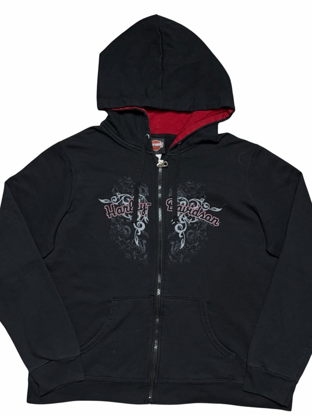 VTG Harley Davidson Black Graphic Full Zip Hoodie Size XL Grunge Emo Goth